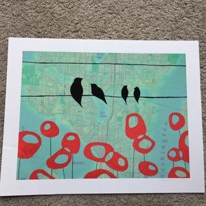 Autographed Rachel Austin bird flower map artwork